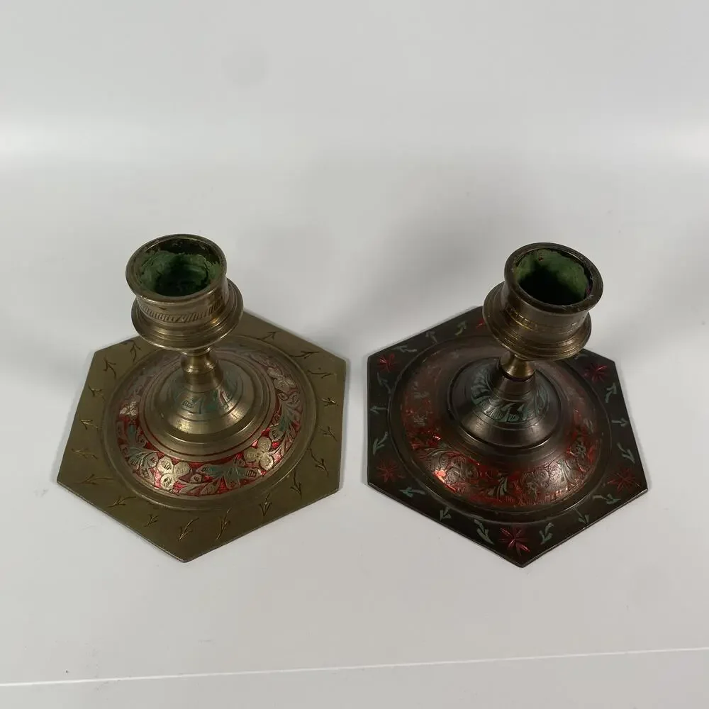 Vintage Indian Enamel Metal Candlestick Pair Hexagon Multicolor Tabletop Decor